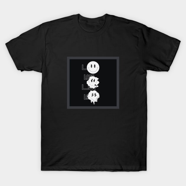 Black Lost distorted smiley face T-Shirt by aholic